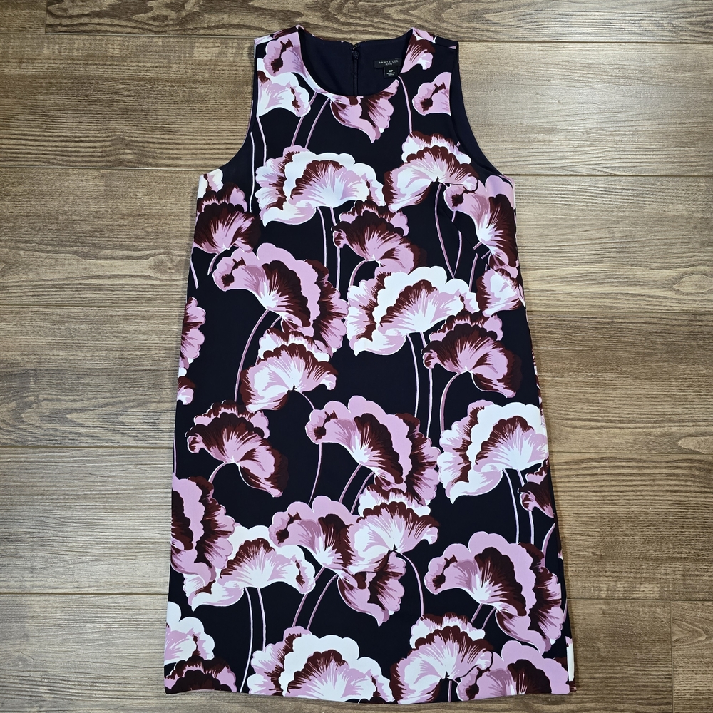 Ann Taylor Dress Womens 0P Navy Floral Shift Lined Office Chic Mod Retro Summer